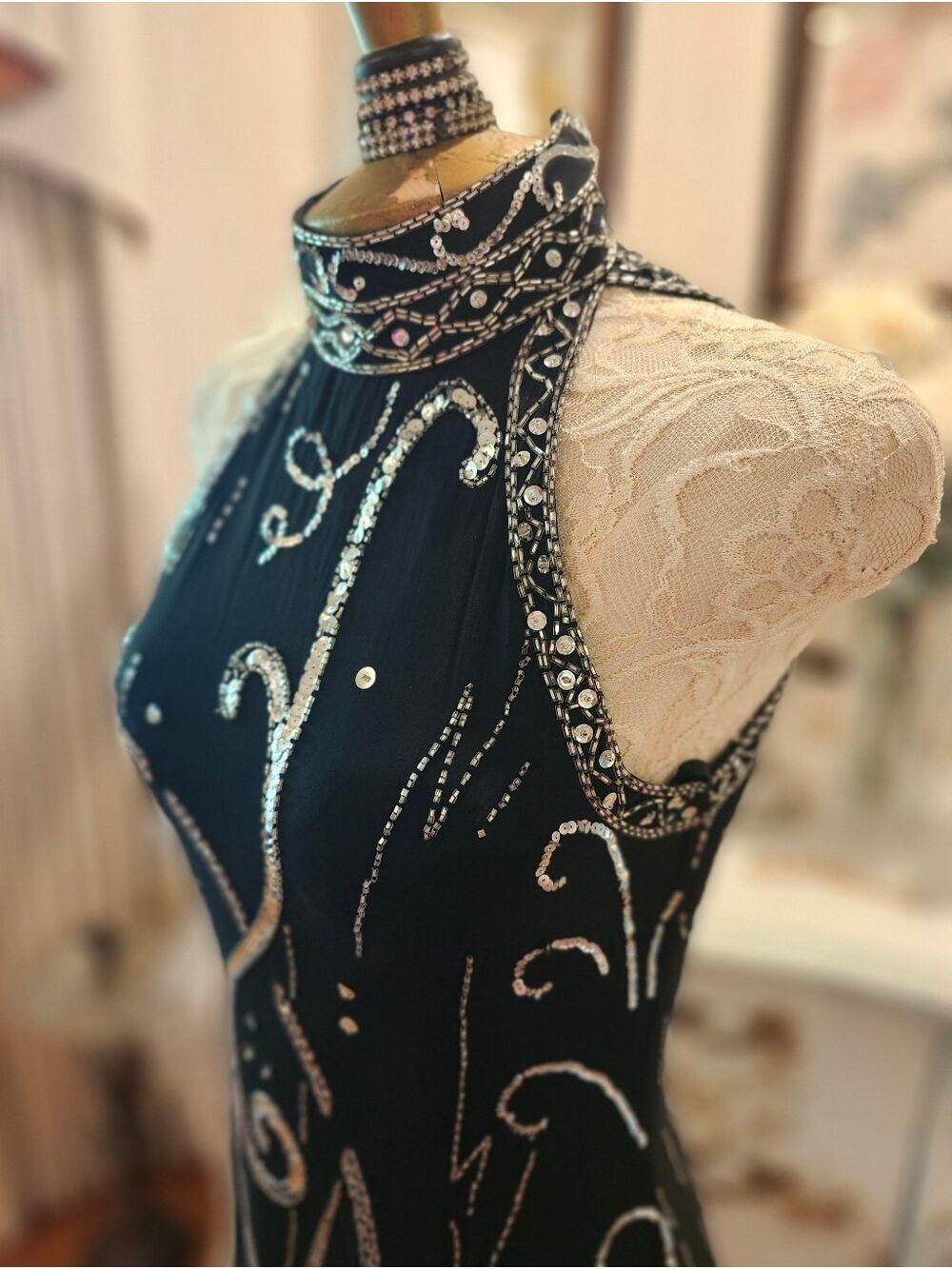 Vintage Lillie Rubin Art Deco Black & Silver Beaded Sequin Evening Dress 6 - Picture 5 of 11
